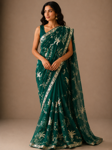Ranas Bottle Green Color Aari work Designer Saree