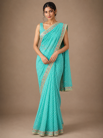 Ranas Traditional Sea Green Leheriya Mothda Saree with Gota Patti
