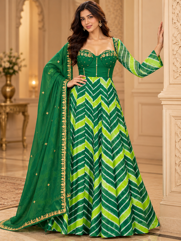 Ranas Green Leheriya Georgette Anarkali Suit with Gota Patti & Dori Work