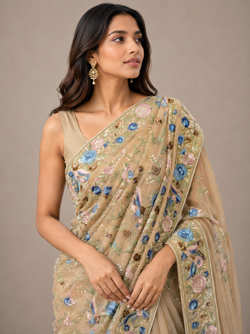 Ranas Beige Color Parsi Resham Work Designer Saree