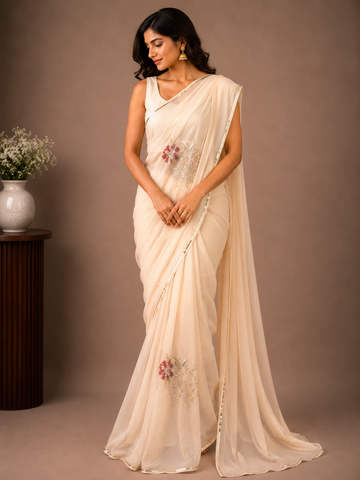 Ranas Peach Color Aari & Sequins work Saree