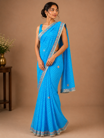 Ranas firozi color Handcrafted Gota Patti Work Leheriya Mothda Saree