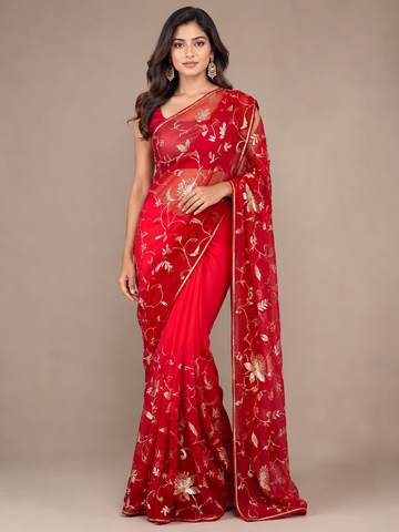 Ranas Shaded Red Color Aari & Zardosi Work Designer Saree