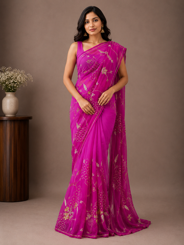 Ranas Shaded Rani Color Aari & Sequins Work Saree
