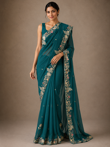Ranas Green Color Pure Chiffon Designer Saree