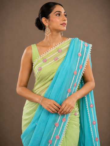 Ranas Firozi & Green Shaded Moti Work Saree
