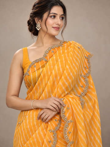 Ranas Yellow Leheriya Pure Georgette Saree with Marori Work