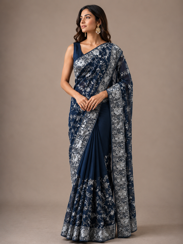 Ranas Blue Color Resham Work Designer Saree