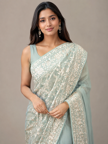 Ranas Sea Green Color Resham Work Designer Saree