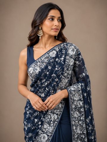 Ranas Blue Color Resham Work Designer Saree