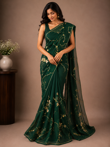 Ranas Bottle Green Color Pure Chiffon Saree