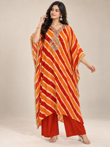 Ranas Orange & Rust Leheriya Designer Kaftan Set