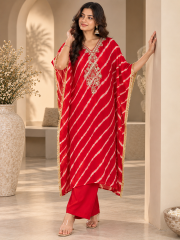 Ranas Red Leheriya Designer Kaftan Set