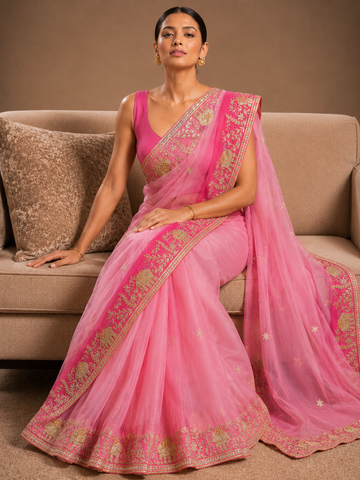Ranas Peachy Pink Shaded Gota Patti Work Designer Saree