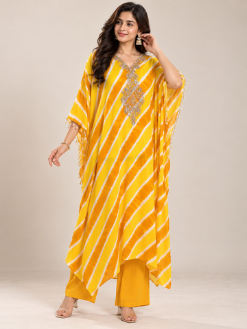 Ranas Yellow Traditional Wear Leheriya Kaftan Set