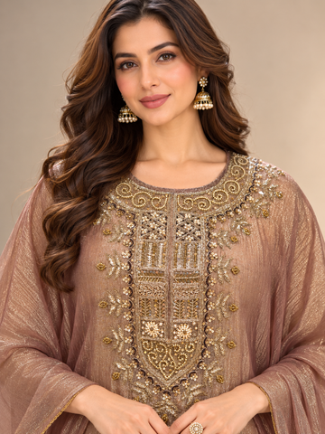 Ranas Peachy Pink Tissue Organza Embellished Kaftan Set
