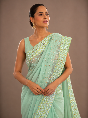 Ranas Pista Green Color Resham Work Designer Saree