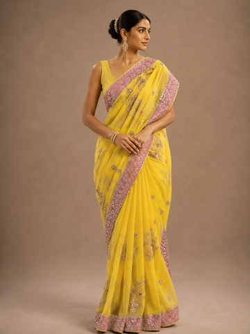 Ranas Yellow Color Kacchi Gota Patti Work Saree