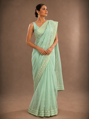 Ranas Pista Green Color Resham Work Designer Saree