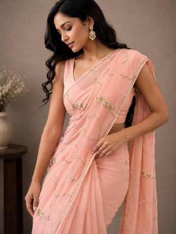Ranas Peach Color Aari & Sequins Work Designer Saree