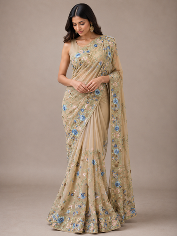 Ranas Beige Color Parsi Resham Work Designer Saree