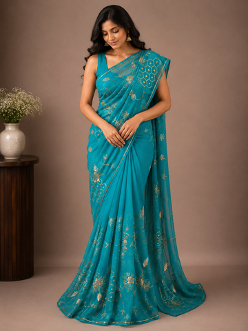 Ranas Rama Green Color Pure Chiffon Saree