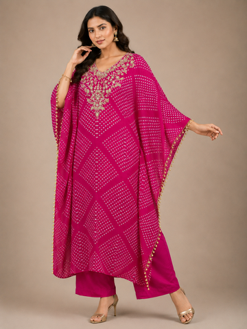 Ranas Rani Bandhej Designer Kaftan in Pure Chinon