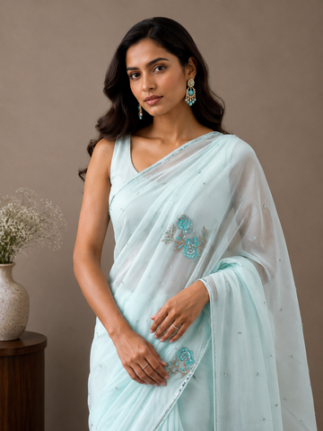 Ranas Pure Chiffon Aari & Sequins Work Saree