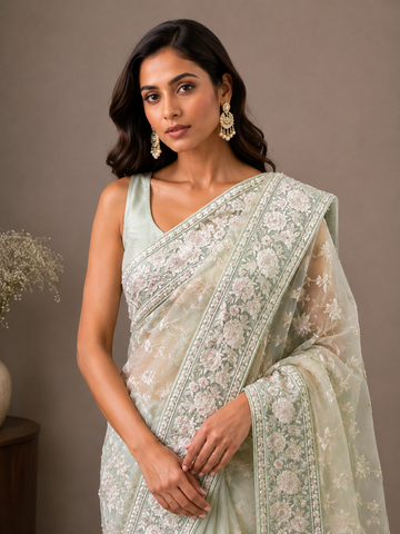 Ranas Pista Green Color Resham work Designer Saree