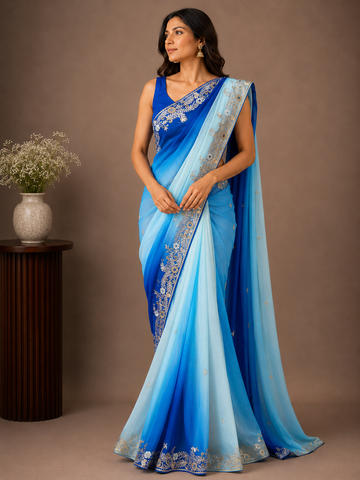 Ranas Shaded Blue Color Pure Chiffon Designer Saree