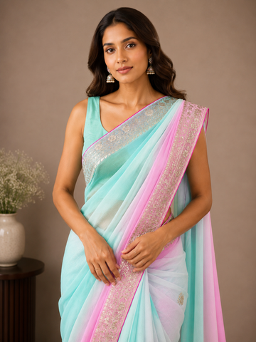Ranas Pure Chiffon Aari & Pittan Work Designer Saree