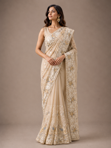 Ranas Beige Color Parsi Resham Work Designer Saree
