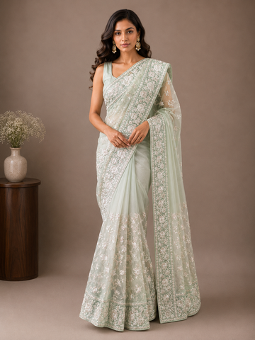 Ranas Pista Green Color Resham work Designer Saree