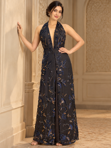 Ranas Black Satin & Net Western Dress with Sequin & Cutdana Work