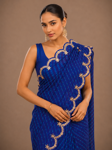 Ranas Blue Color Gota Patti Work Leheriya Mothda Saree