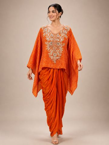 Ranas Orange Leheriya Luxury Short Kaftan & Drape Dhoti Set