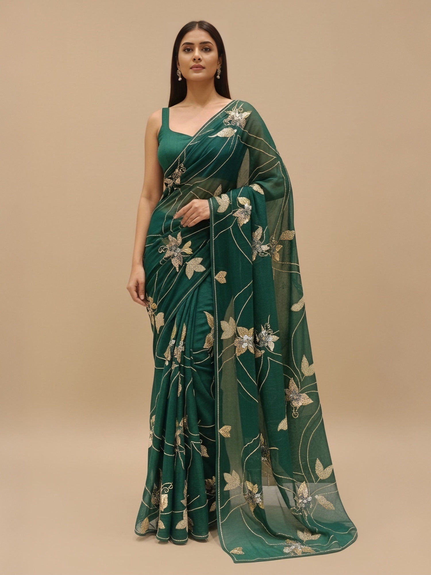 Ranas Bottle Green Sequine Work Saree