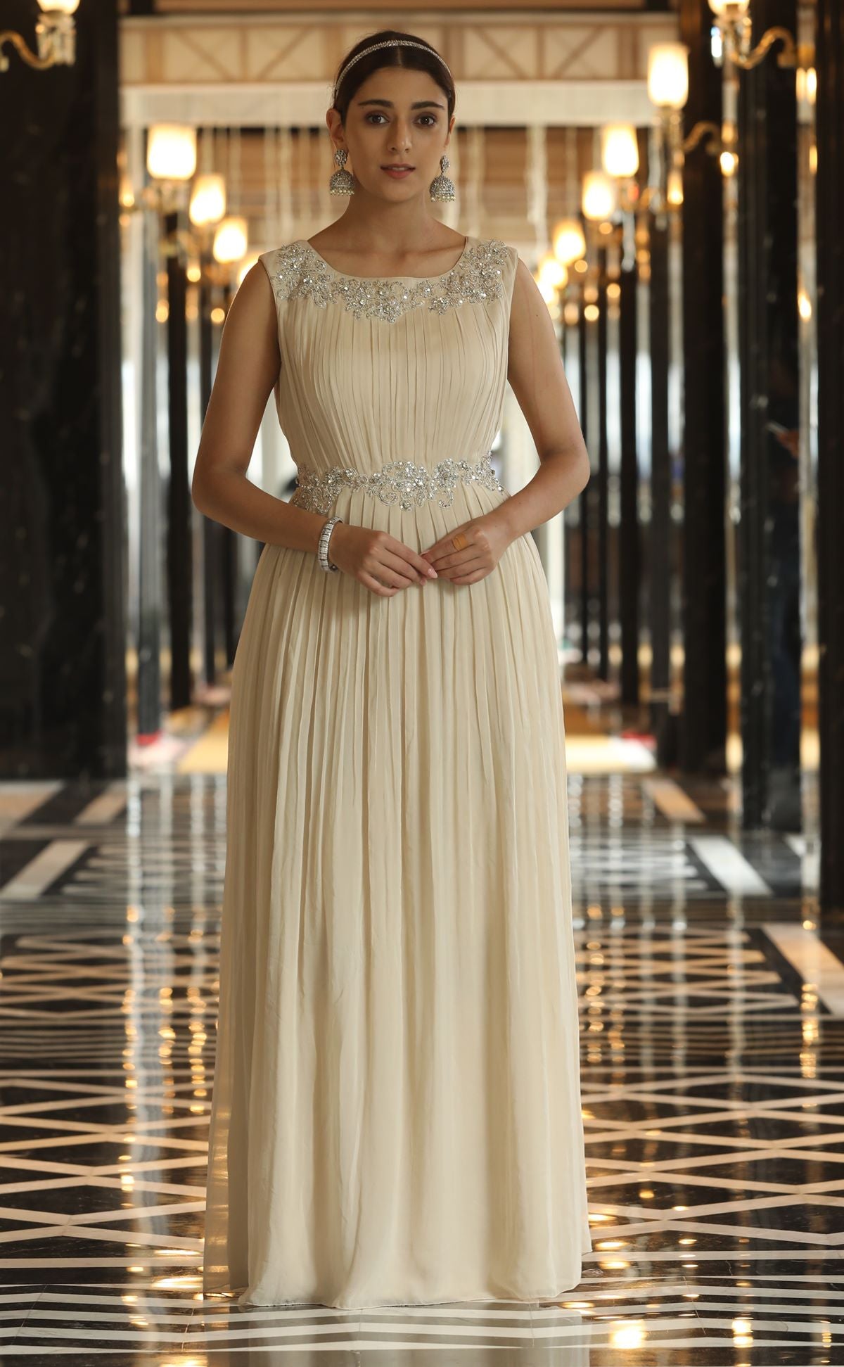 Cream Embroidered Trendy Gown -