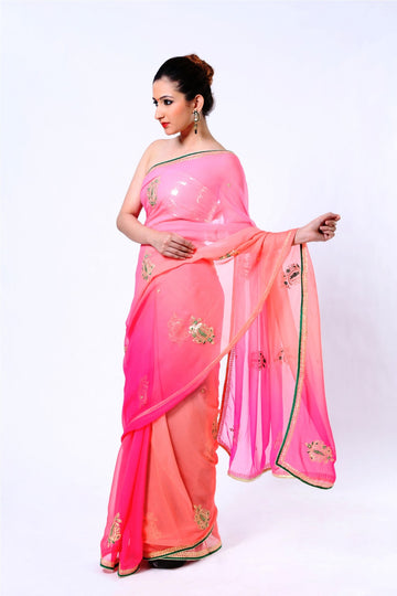 Ranas Shaded Pink Pure Silk Georgette Zari Saree
