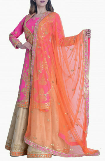 Jacket Lehenga In Rani & orange Color