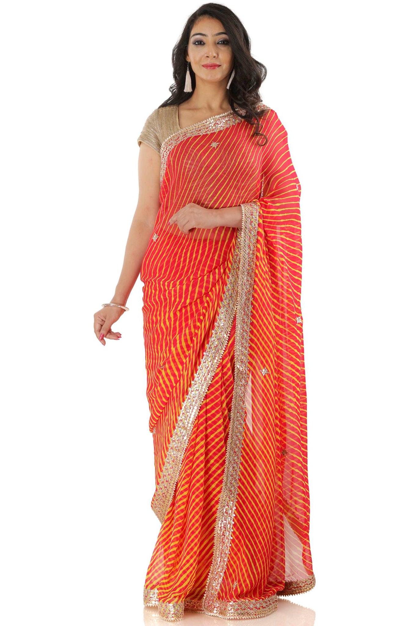 Ranas Yellow & Red Leheriya Saree