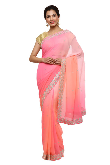 Ranas Peach Pink Shaded Pure Georgette Saree