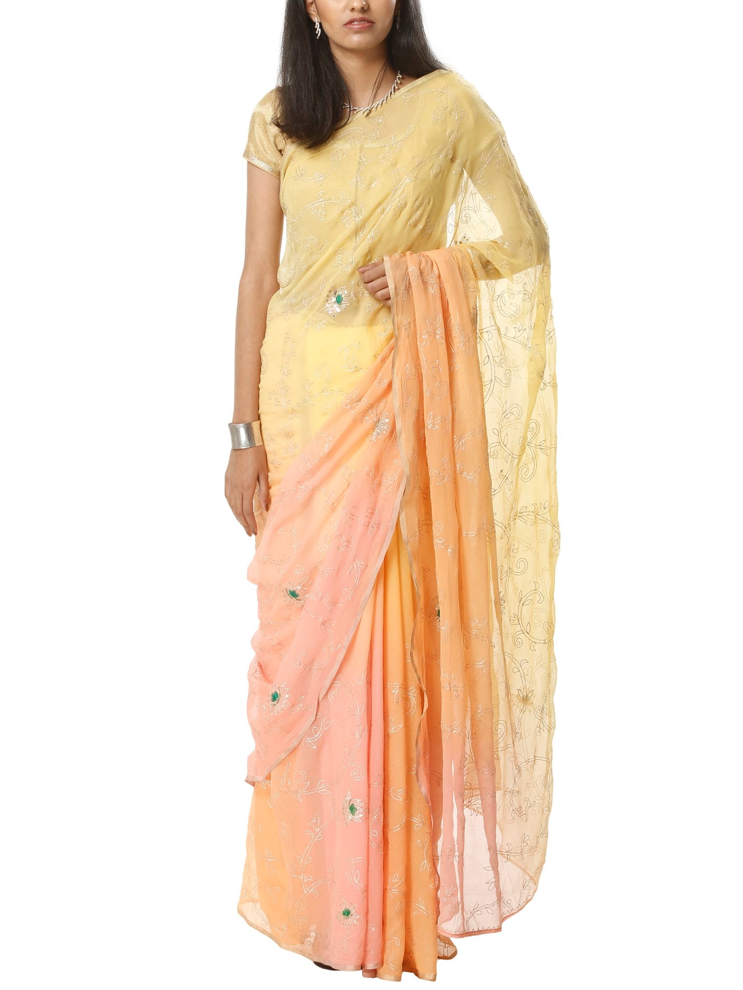 Ranas Peach & Yellow Chiffon Saree