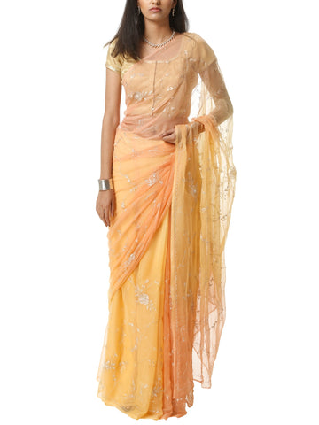 Ranas Peach & Yellow Chiffon Saree