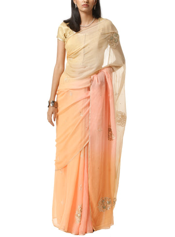 Ranas Peach & Yellow Chiffon Saree