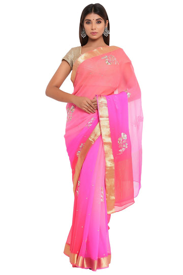 Ranas Pink & Red Shaded Chiffon Saree