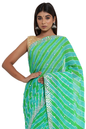 Ranas Mirror Work Green Leheriya Saree