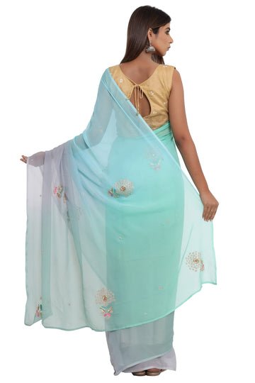 Ranas Chiffon Turquoise & Grey Shaded Saree