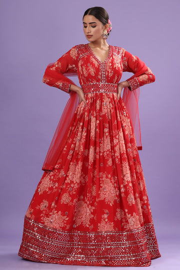 Ranas Red Printed Designer Gown