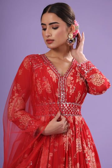 Ranas Red Printed Designer Gown